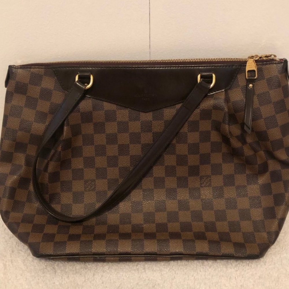 Louis Vuitton Dark Brown Checkered Tote with Gold Accents